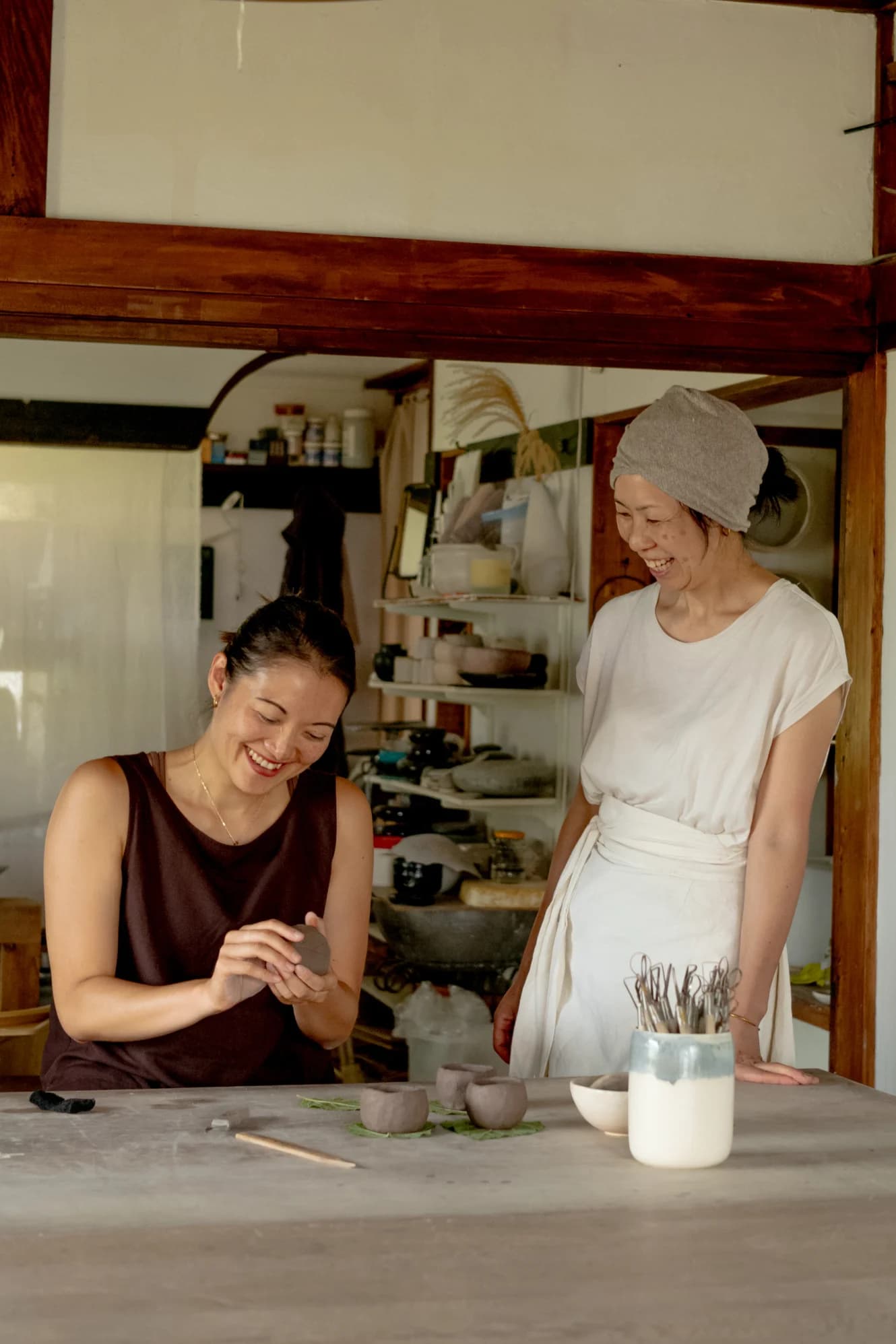 Pottery studio with various ceramic pieces in progress