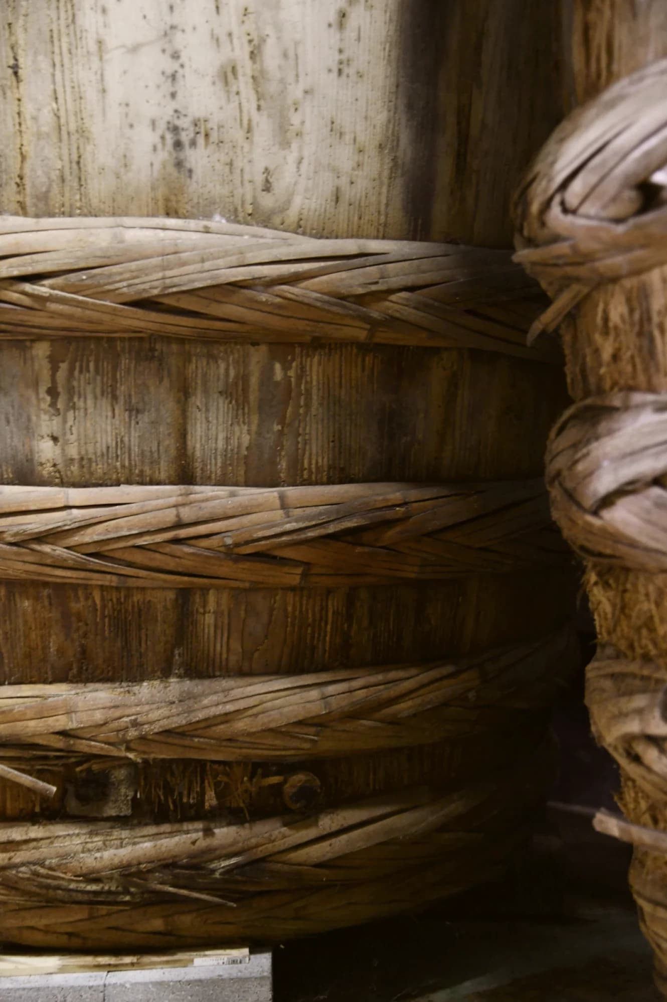 Cedar fermentation barrels bound with bamboo