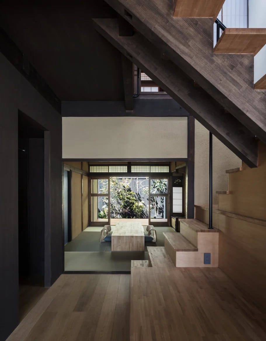 Maana Kyoto staircase, living area, and garden
