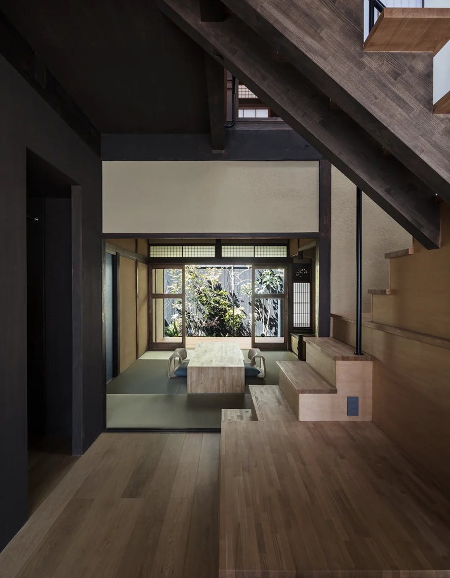 Maana Kyoto staircase with living area and garden